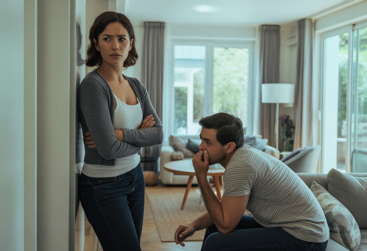 Een vrouw en een man hebben een gespannen gesprek in een woonkamer, de vrouw staat met gekruiste armen, de man zit op de bank en kijkt terughoudend.
