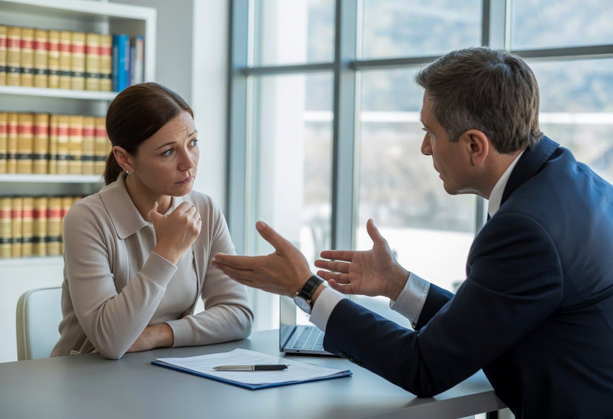 Een vrouw in gesprek met een advocaat in een kantoor, met juridische documenten op tafel.