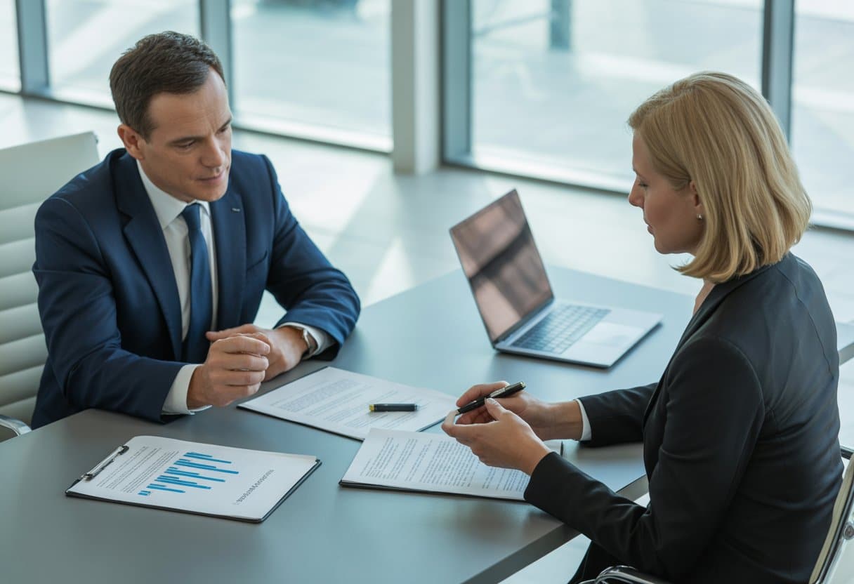 Twee professionals bespreken juridische documenten aan een vergadertafel in een modern kantoor.