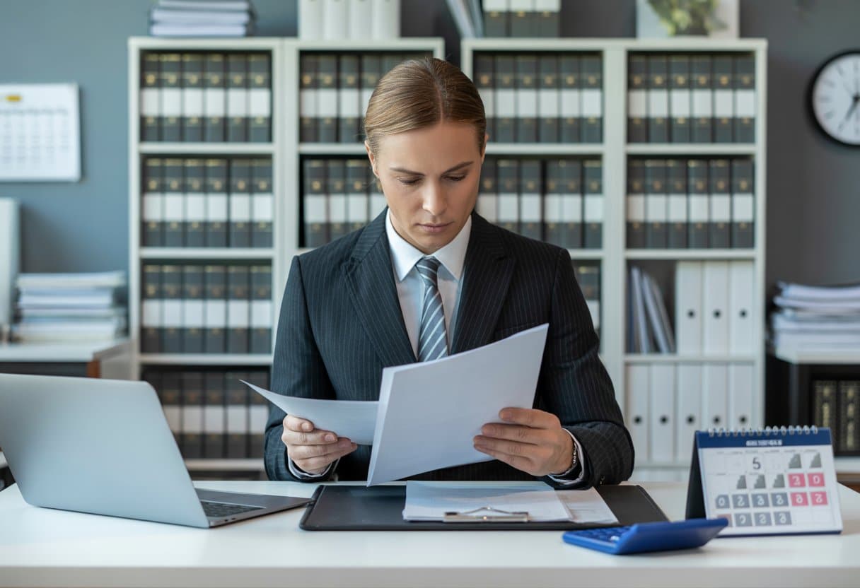 Een zakelijke professional die documenten bekijkt aan een bureau in een kantooromgeving met juridische boeken en een klok op de achtergrond.