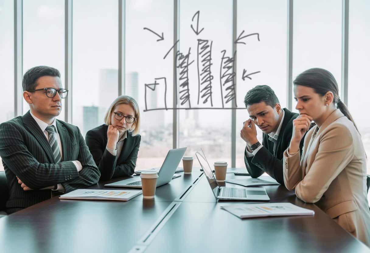 Vier zakelijke professionals zitten gespannen rond een vergadertafel in een kantoor, in een situatie van patstelling.