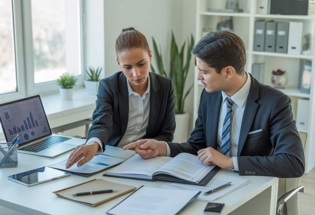 Twee zakenpartners bespreken documenten in een modern kantoor, zittend aan een bureau met een laptop en papieren.