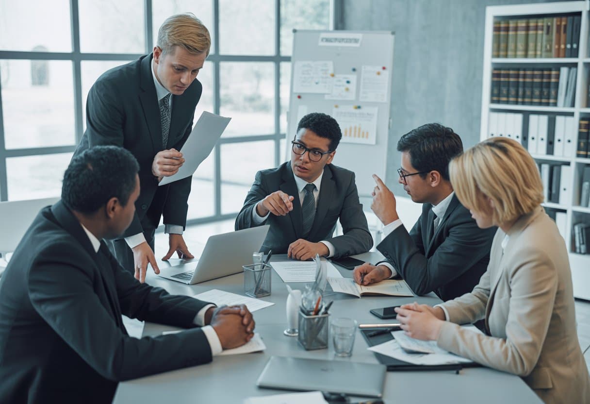 Een groep zakelijke professionals bespreekt documenten rond een vergadertafel in een modern kantoor.