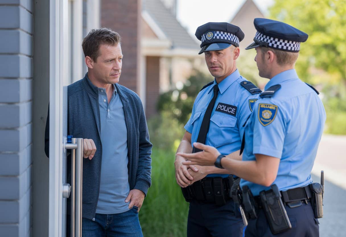 Twee politieagenten praten met een man bij de voordeur van een huis in een woonwijk.