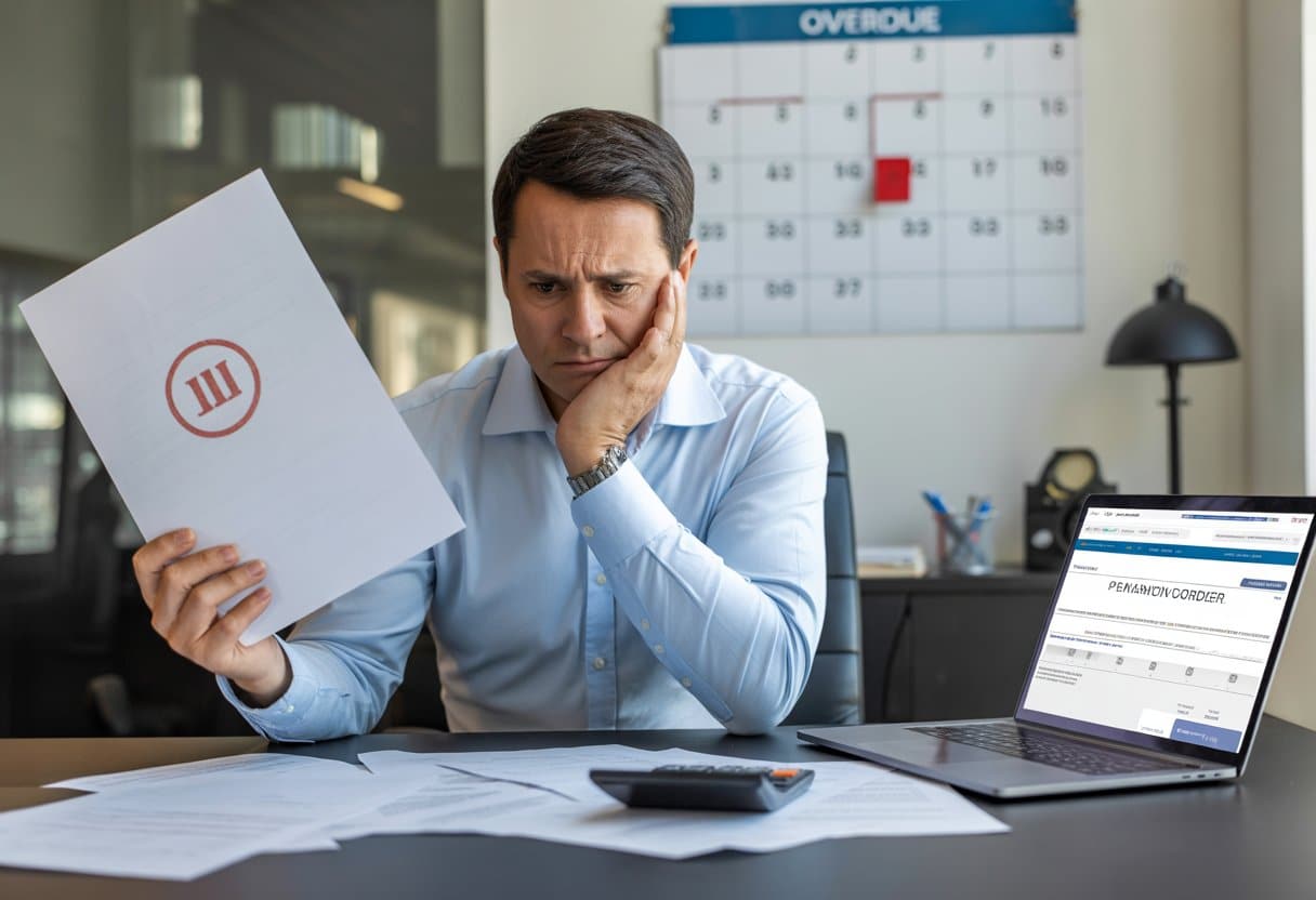 Een bezorgde man zit aan een bureau en bekijkt een officieel document met een rode stempel, omringd door papieren en een laptop, in een kantooromgeving.