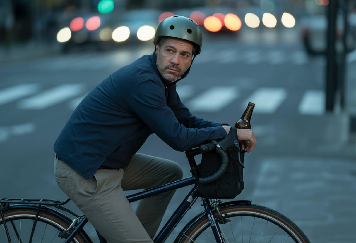 Een man zit op een fiets op een rustige stadsstraat bij schemering, hij kijkt onvast en er hangt een bierfles in een tas aan de fiets.