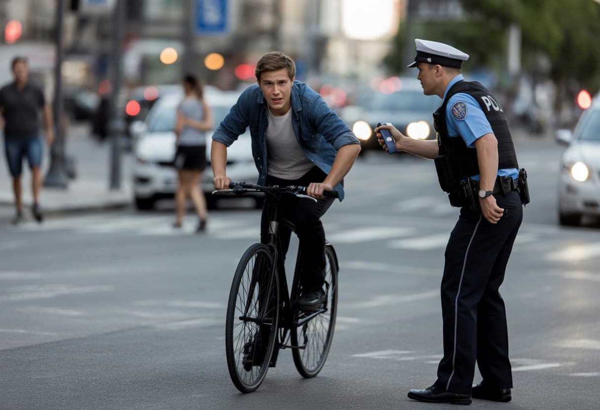 Een man die onstabiel op een fiets rijdt terwijl een politieagent hem observeert op een stadsstraat.