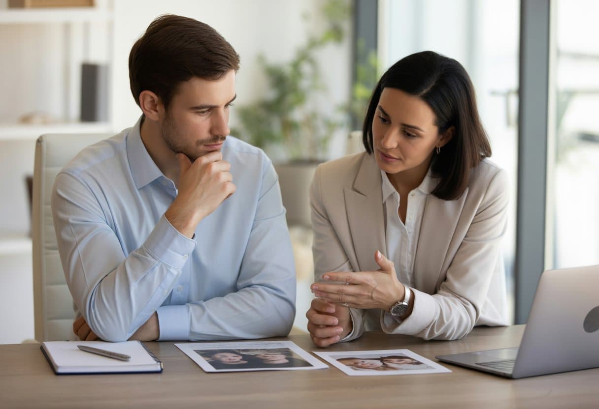 Een man en een vrouw zitten samen aan een bureau en bekijken documenten en een familiefoto in een kantooromgeving.