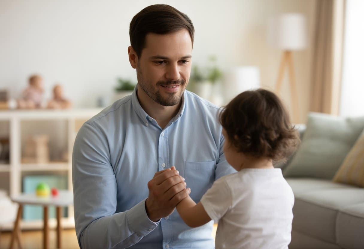 Een vader die liefdevol de hand van zijn jonge kind vasthoudt in een lichte woonkamer.