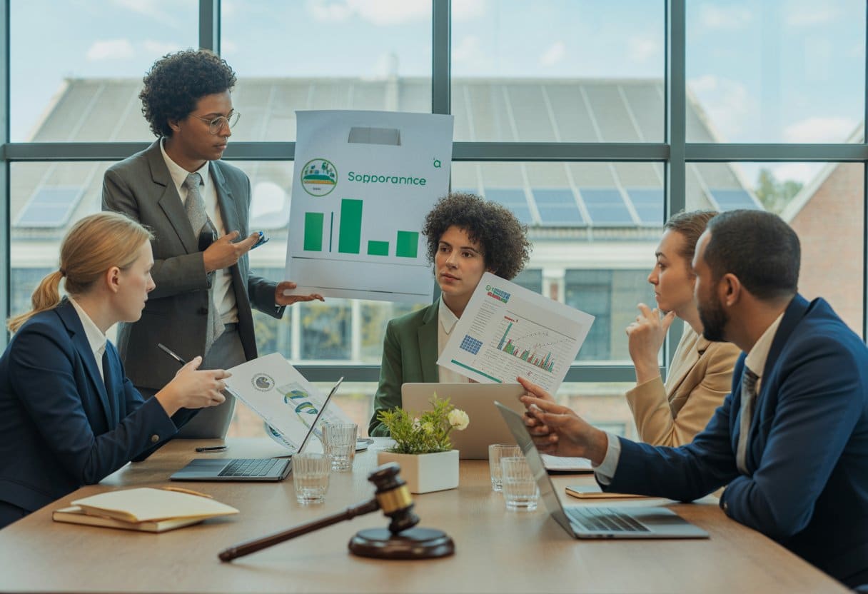 Een groep zakelijke professionals bespreekt juridische stappen voor duurzaamheid en ESG-compliance in een modern kantoor met uitzicht op een groene stad.