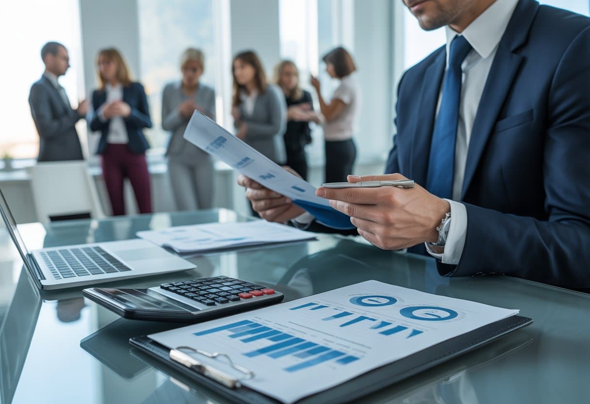 Een zakelijk kantoor waar een persoon financiële documenten bekijkt terwijl een groep voormalige werknemers op de achtergrond spreekt.