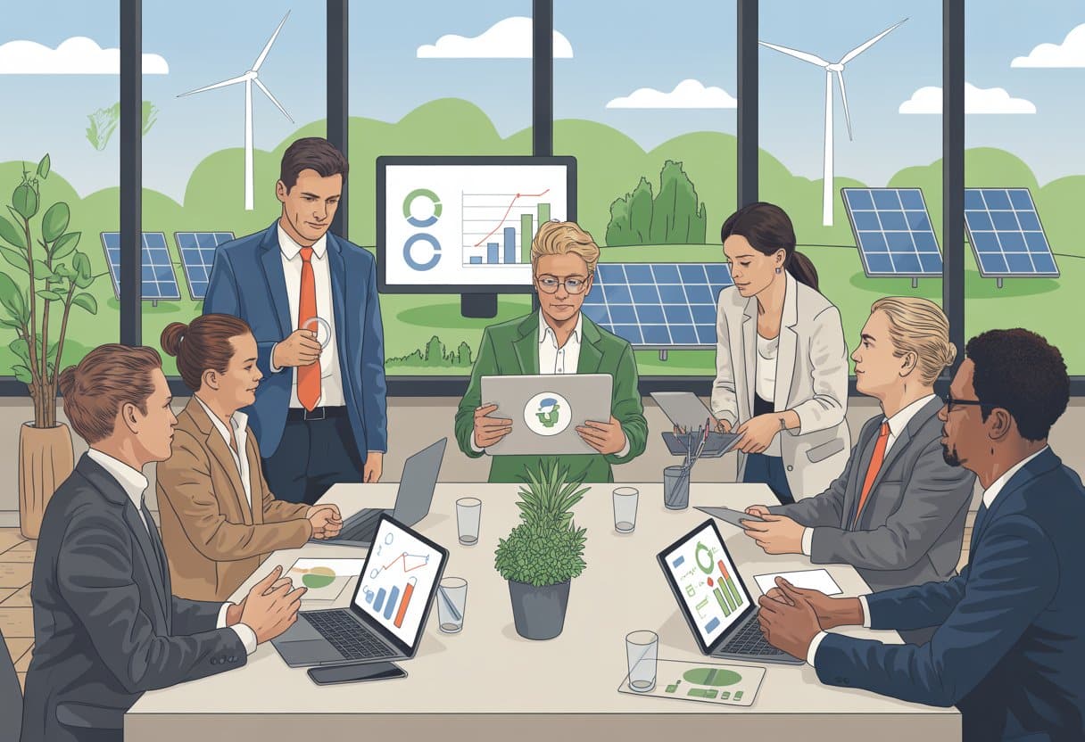 Een groep zakelijke professionals die in een moderne kantoorruimte rond een tafel over duurzaamheid en ESG-compliance vergadert, met een groen stadsbeeld op de achtergrond.