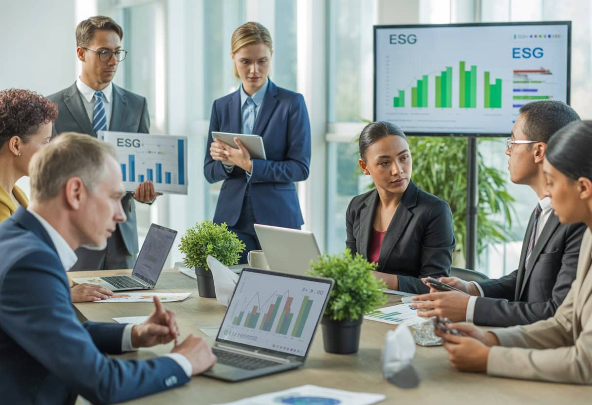 Een groep zakelijke professionals bespreekt ESG-wetgeving en duurzaamheid in een moderne kantooromgeving.