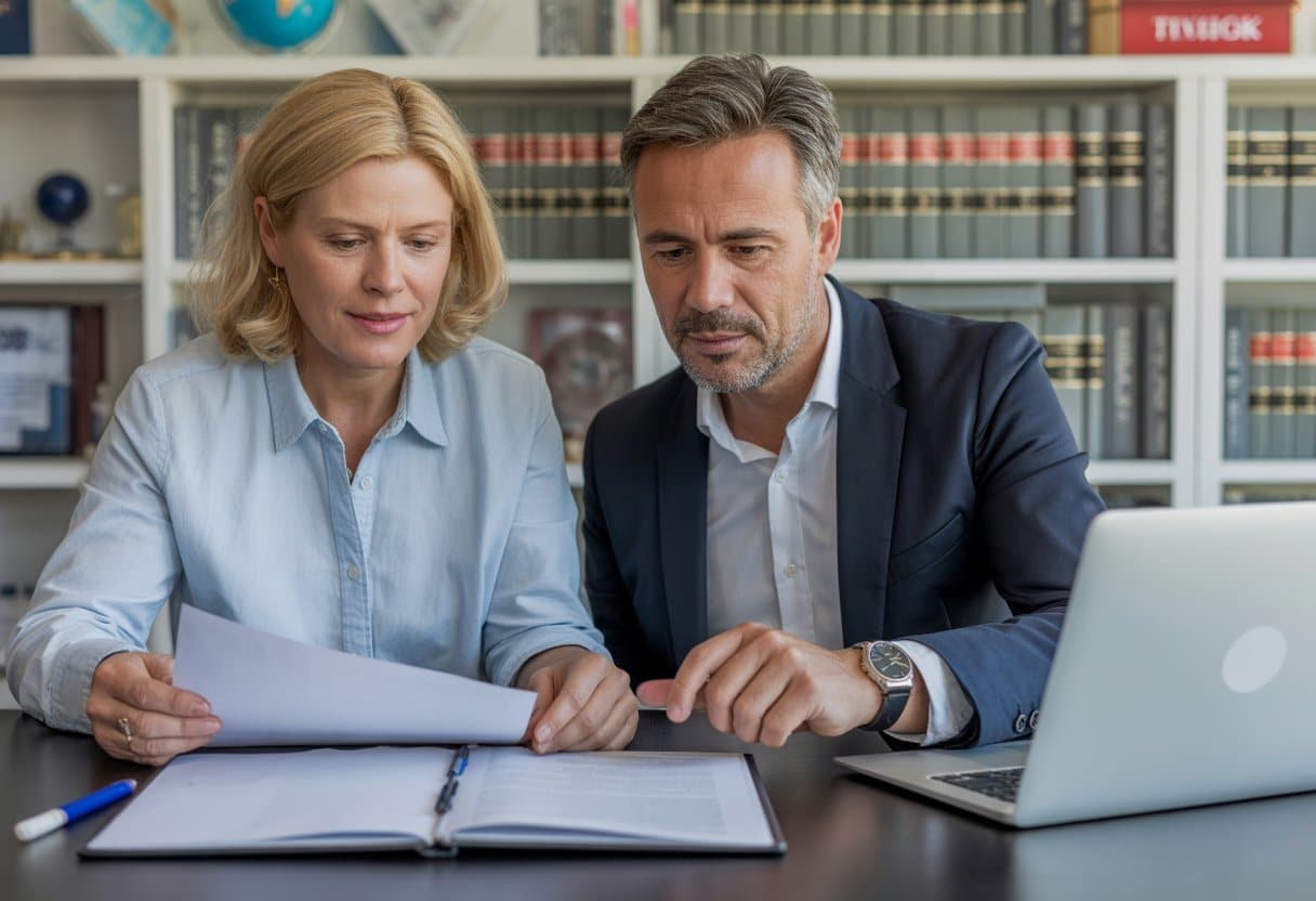 Een Nederlands koppel bespreekt samen met een juridisch adviseur documenten over gezamenlijk bezit en erfenis in een kantoor.