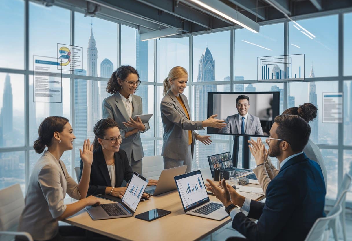 Arbeidsrecht in een hybride wereld: Richtlijnen voor grensoverschrijdend thuiswerken 2 Een groep diverse werknemers werkt samen in een modern kantoor met grote ramen en een uitzicht op internationale herkenningspunten, waarbij sommigen fysiek aanwezig zijn en anderen via videoverbinding meedoen.