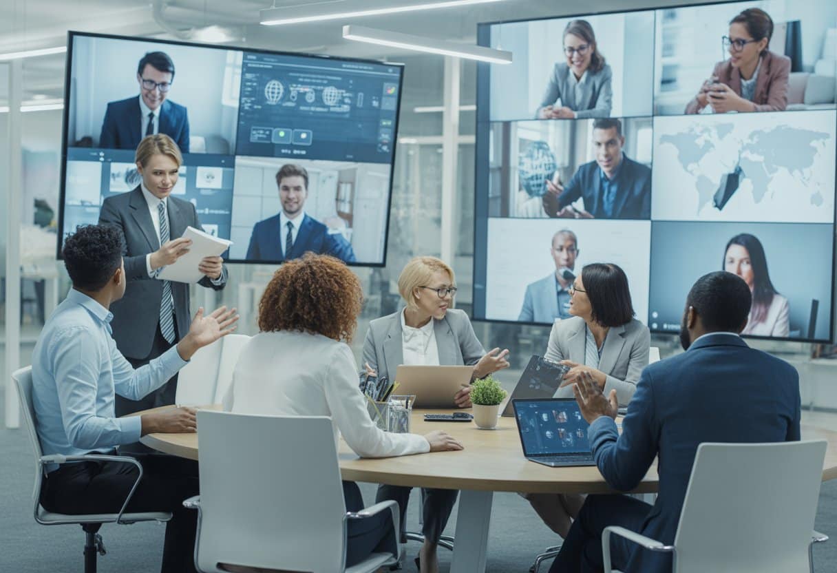 Arbeidsrecht in een hybride wereld: Richtlijnen voor grensoverschrijdend thuiswerken 3 Een moderne kantoorruimte met diverse werknemers die samenwerken, zowel fysiek aanwezig als via videoverbinding, wat grensoverschrijdend en hybride werken uitbeeldt.