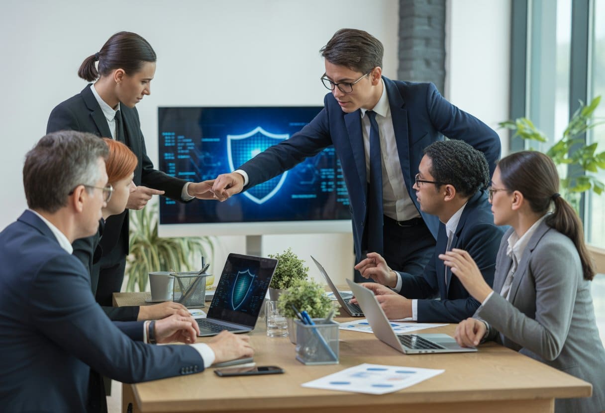Een groep zakelijke professionals bespreekt cyberbeveiliging en juridische verplichtingen in een moderne kantooromgeving.
