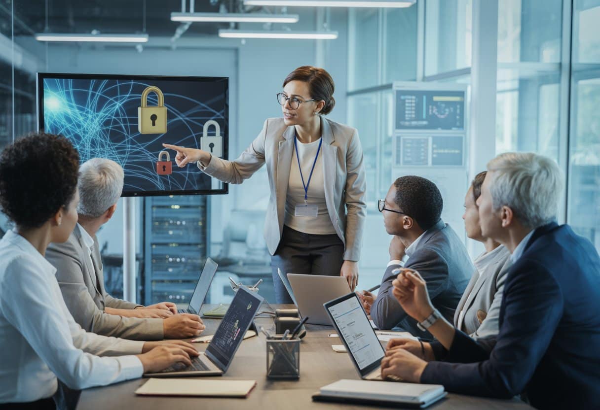 Een groep zakelijke professionals bespreekt cyberbeveiliging in een modern kantoor, met een vrouw die wijst naar een scherm met cyberdreigingssymbolen.
