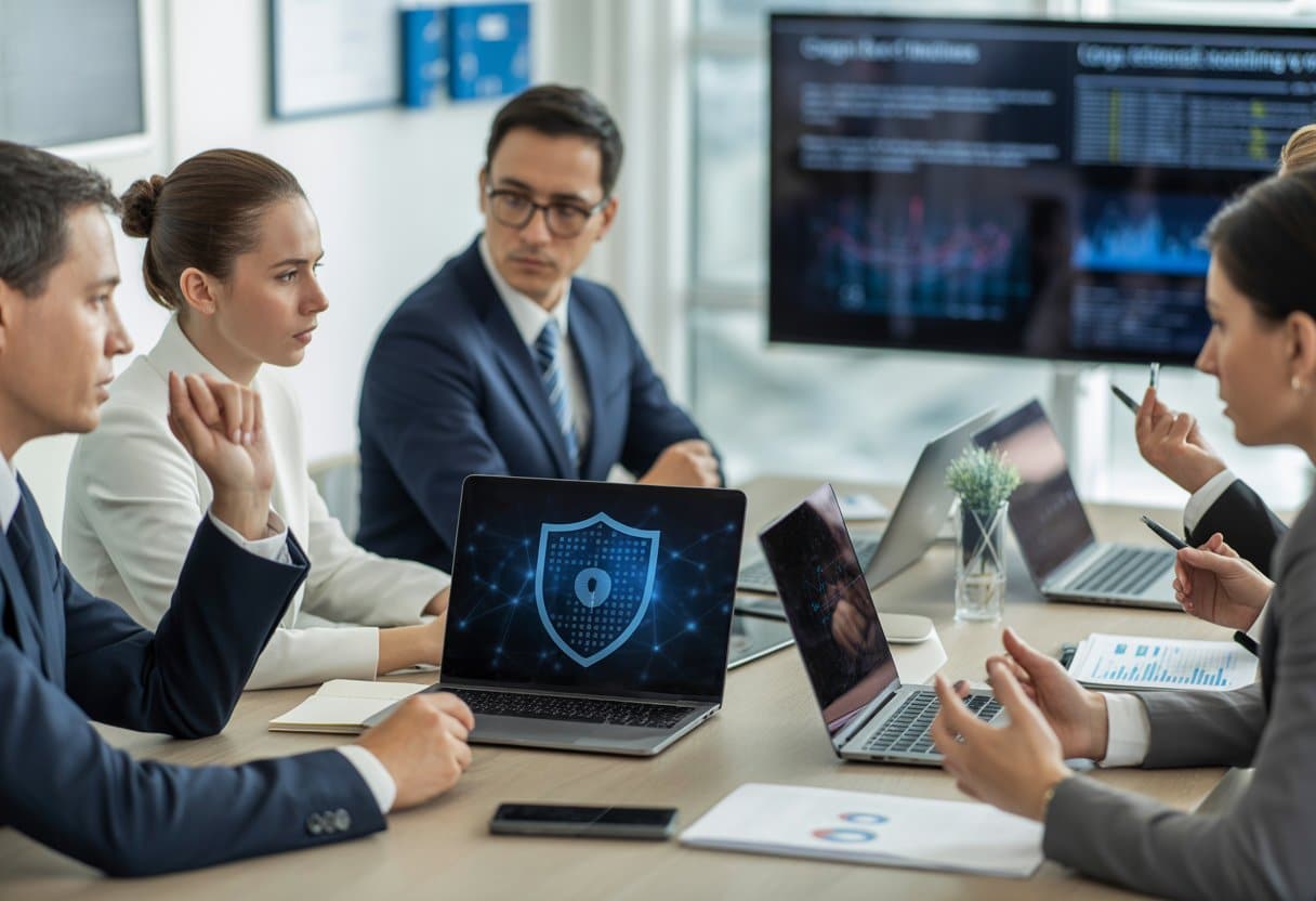 Een groep zakelijke professionals bespreekt cyberbeveiliging en juridische meldplichten in een moderne kantooromgeving.