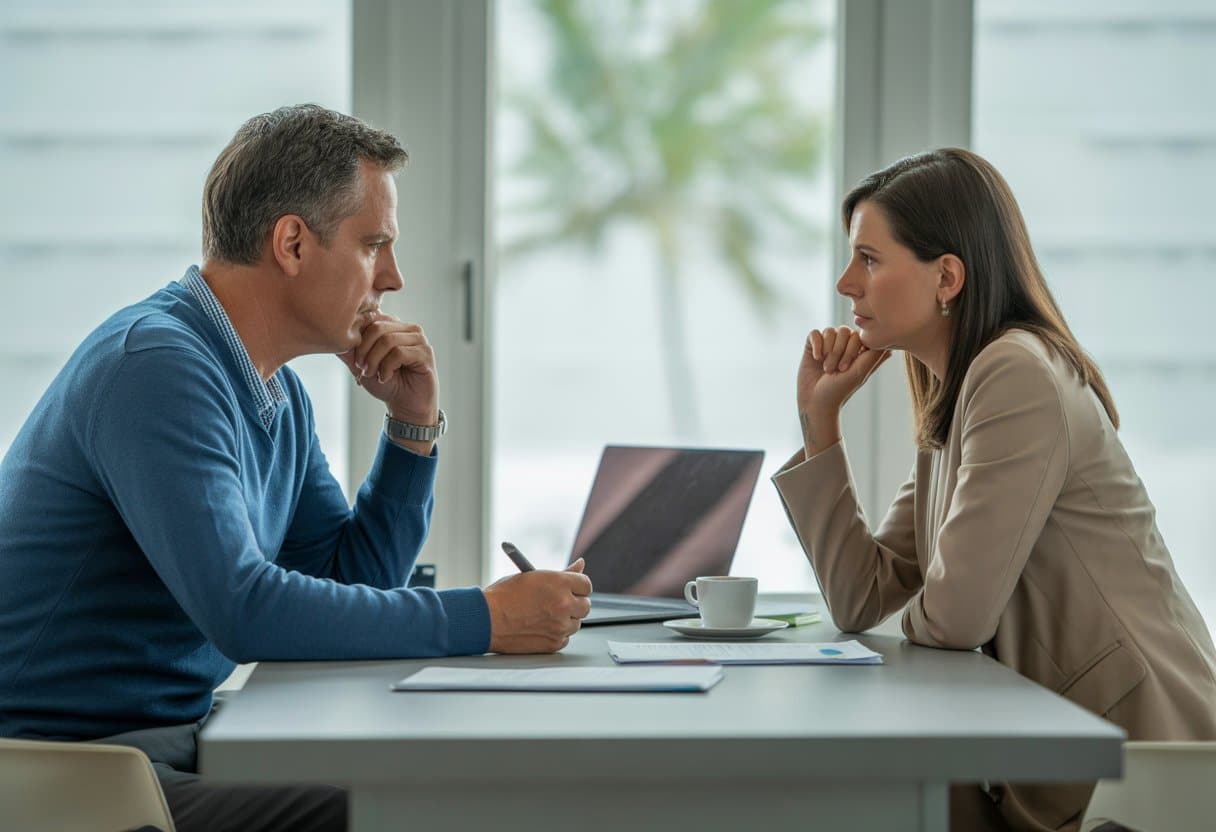 Twee volwassenen zitten tegenover elkaar aan een bureau in een kantoor en voeren een serieus gesprek.
