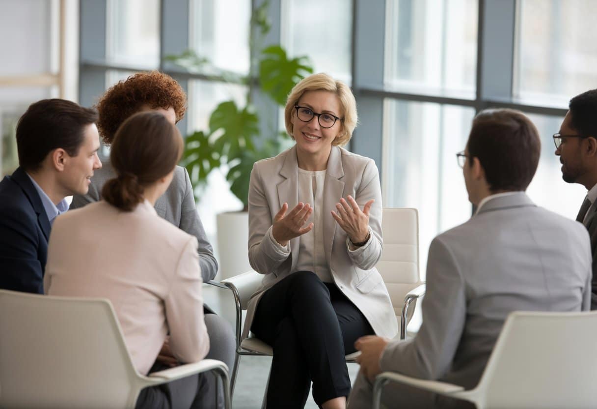 Een diverse groep mensen in een moderne kantooromgeving die een serieus gesprek voeren, waarbij een vrouw spreekt en anderen aandachtig luisteren.