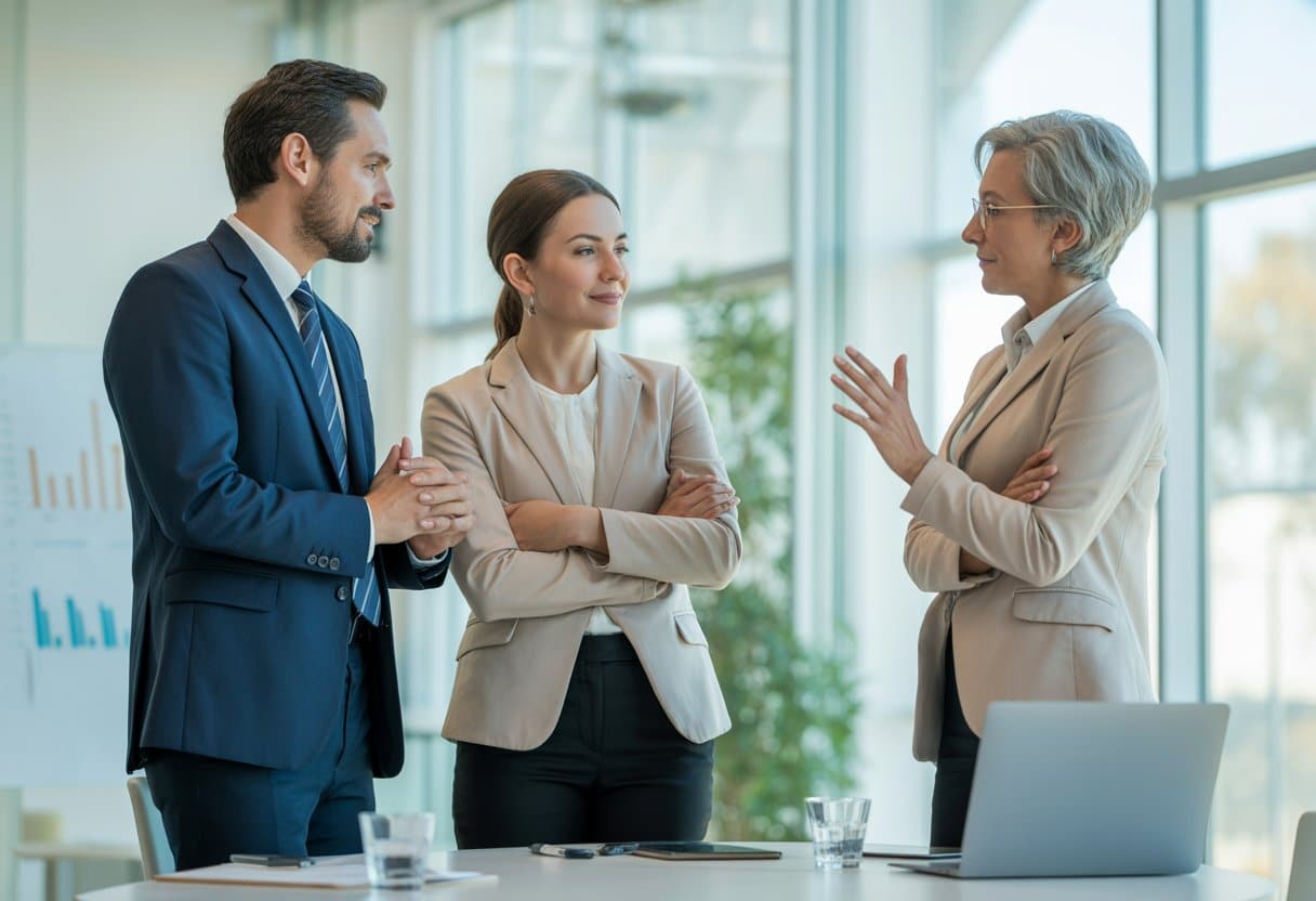 Drie zakelijke professionals in een modern kantoor die een respectvol gesprek voeren, waarbij een oudere vrouw zelfverzekerd spreekt en de anderen aandachtig luisteren.