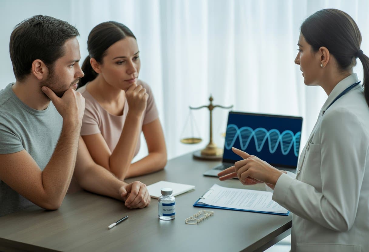 Een arts bespreekt kunstmatige inseminatie met een man en vrouw in een medische spreekkamer, met medische documenten en symbolen van juridisch vaderschap op de achtergrond.