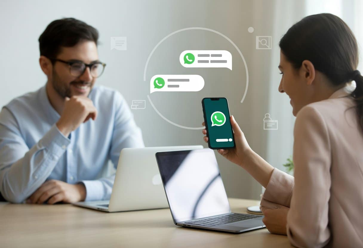 Twee volwassenen zitten aan een tafel met laptops en smartphones, in gesprek over digitale communicatie.