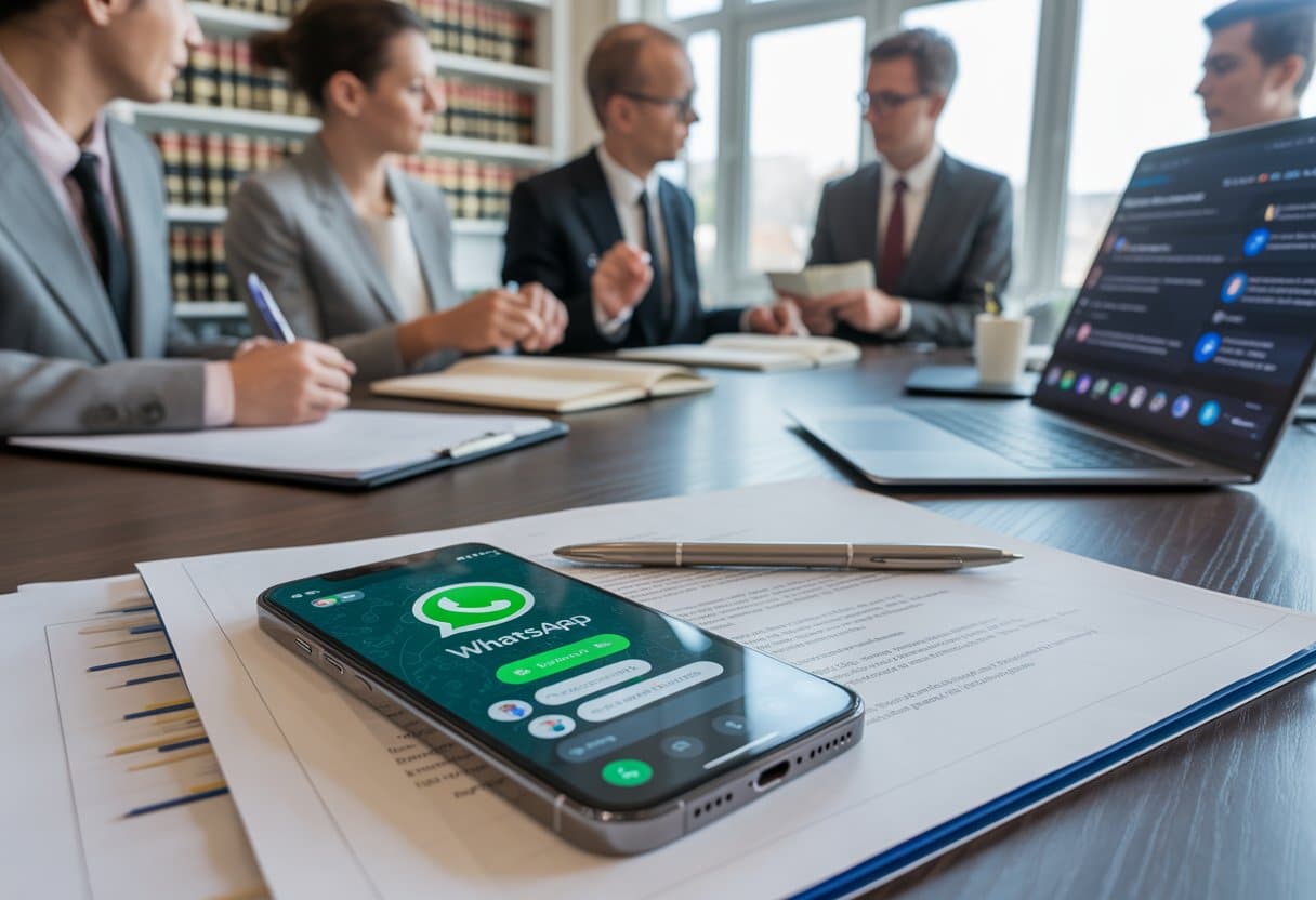 Een groep professionals in een kantoor bespreekt digitale communicatie met een smartphone en juridische documenten op tafel.