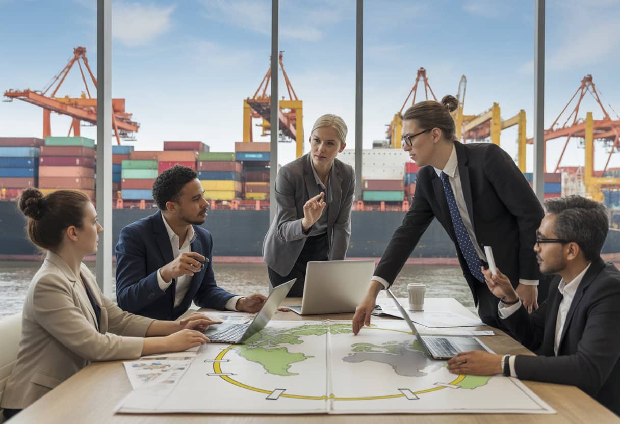 Internationale alimentatie: hoe werkt inning over de grens? 1 Een groep professionals werkt samen in een kantoor met uitzicht op een drukke haven met containerschepen en kranen, terwijl ze documenten en kaarten bestuderen.