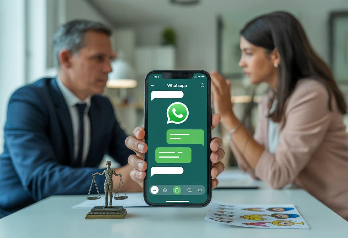 Twee volwassenen zitten aan een tafel en bespreken iets met een smartphone waarop het WhatsApp-scherm zichtbaar is, met juridische en gezinsgerelateerde voorwerpen op de tafel.