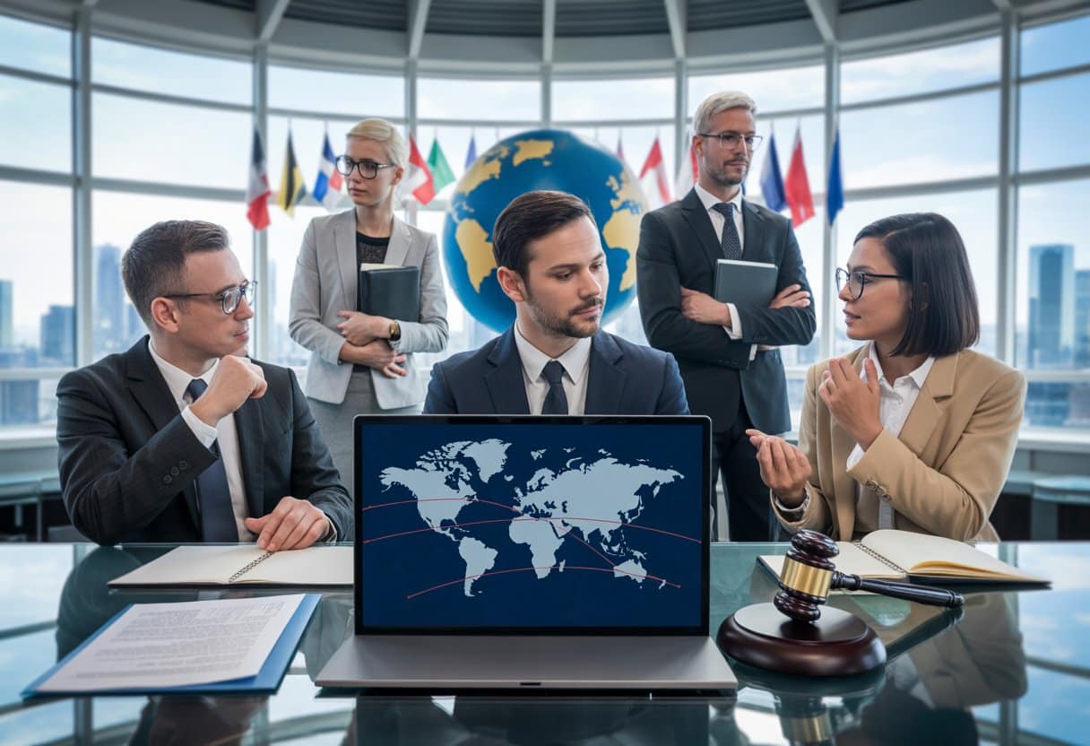 Internationale alimentatie: hoe werkt inning over de grens? 3 Een groep professionals in een modern kantoor bespreekt internationale juridische documenten met een wereldkaart op een laptop en een globe op de achtergrond.