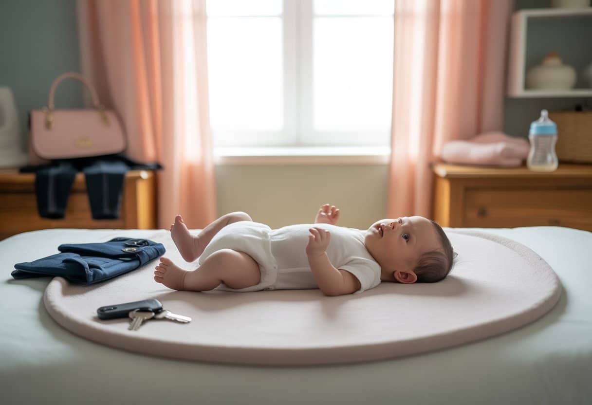 Een pasgeboren baby ligt rustig op een zacht wit deken in een lichte babykamer, met aan weerszijden spullen die twee verschillende ouders symboliseren.
