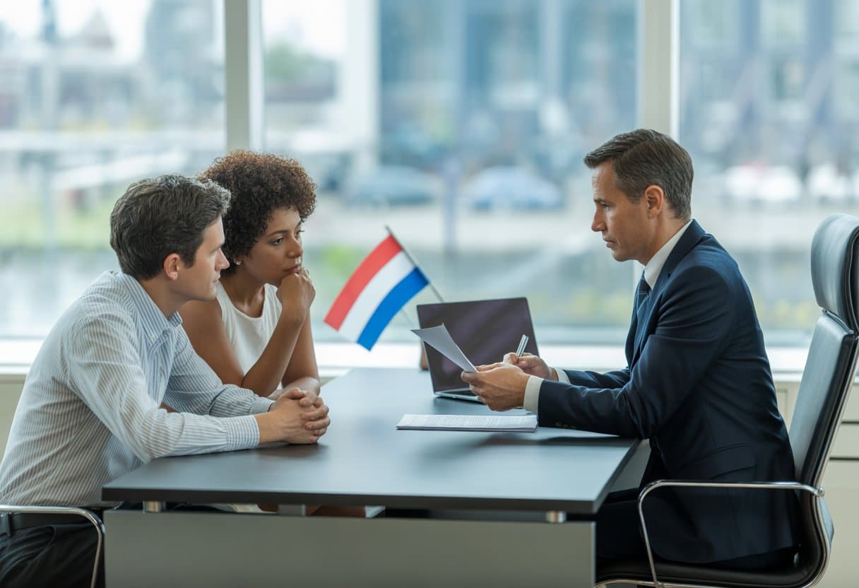 Scheiden in Nederland zonder te wonen in Nederland: Uw mogelijkheden 2 Een advocaat bespreekt juridische documenten met een stel in een kantoor met uitzicht op een Nederlandse stad.