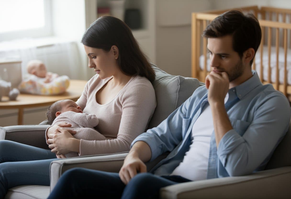 Een moeder houdt een baby vast terwijl de vader in een stoel zit, beide in een woonkamer, zonder samen te wonen.