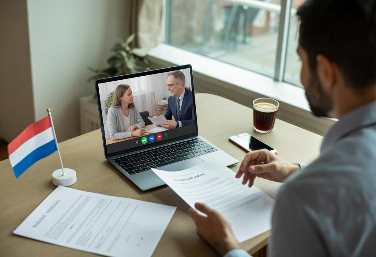 Scheiden in Nederland zonder te wonen in Nederland: Uw mogelijkheden 3 Een stel voert een videogesprek met een juridisch adviseur via een laptop in een moderne thuiskantooromgeving, met documenten en een Nederlands stadsgezicht op de achtergrond.