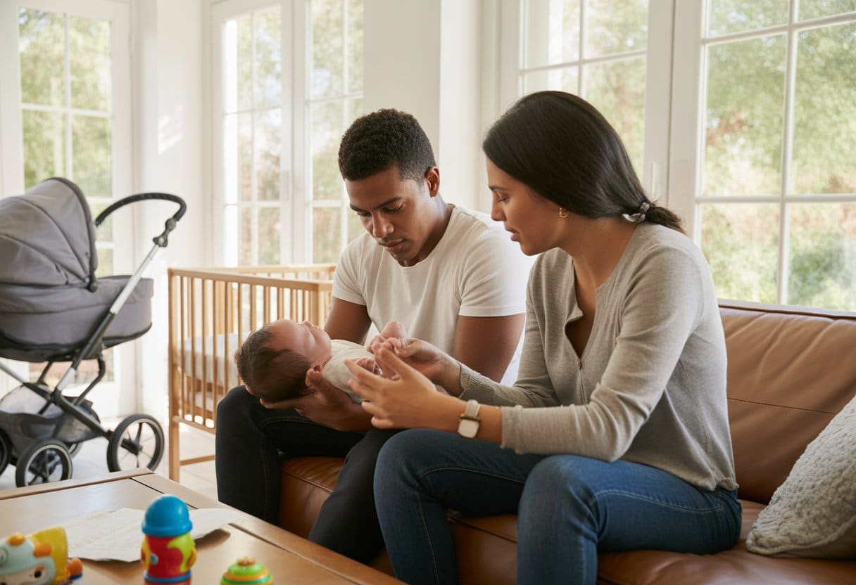 Een jong stel met een pasgeboren baby zit samen op een bank en bespreekt iets in een lichte woonkamer.