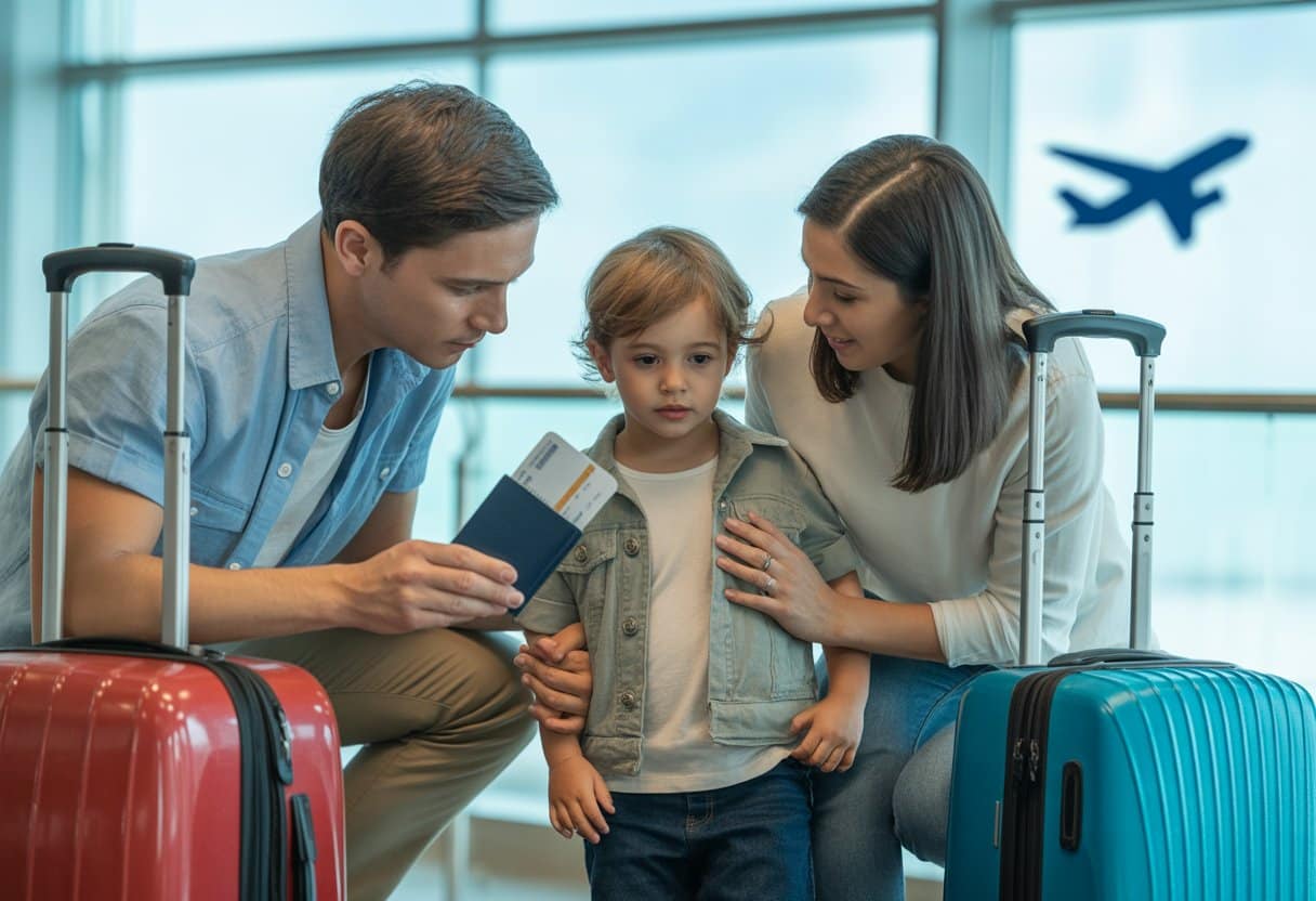 Twee ouders met een kind op een luchthaven, klaar voor een internationale verhuizing.