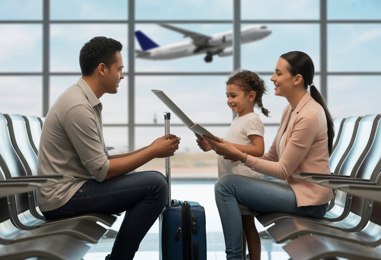 Een gezin met twee ouders en een kind op een luchthaven, ze praten samen terwijl ze klaar zijn om te reizen.