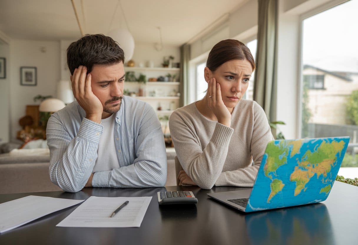 Wat gebeurt er met uw huis bij een scheiding als één van u in het buitenland werkt? Alles wat u moet weten 2 Een serieus koppel zit aan een tafel in huis, één werkt op een laptop met een wereldkaart, de ander kijkt bezorgd.
