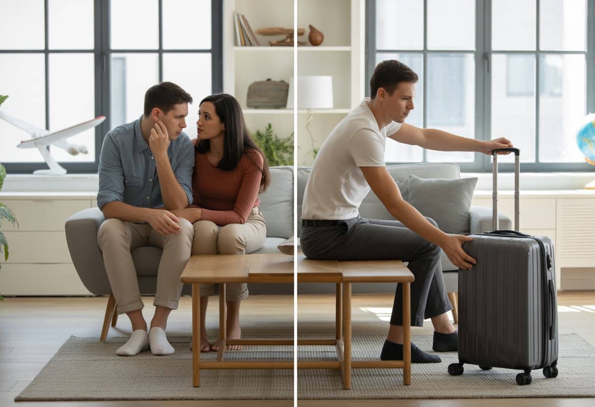 Wat gebeurt er met uw huis bij een scheiding als één van u in het buitenland werkt? Alles wat u moet weten 3 Een woonkamerruimte verdeeld in twee delen met een stel dat een serieus gesprek voert en een partner die een koffer inpakt voor werk in het buitenland.