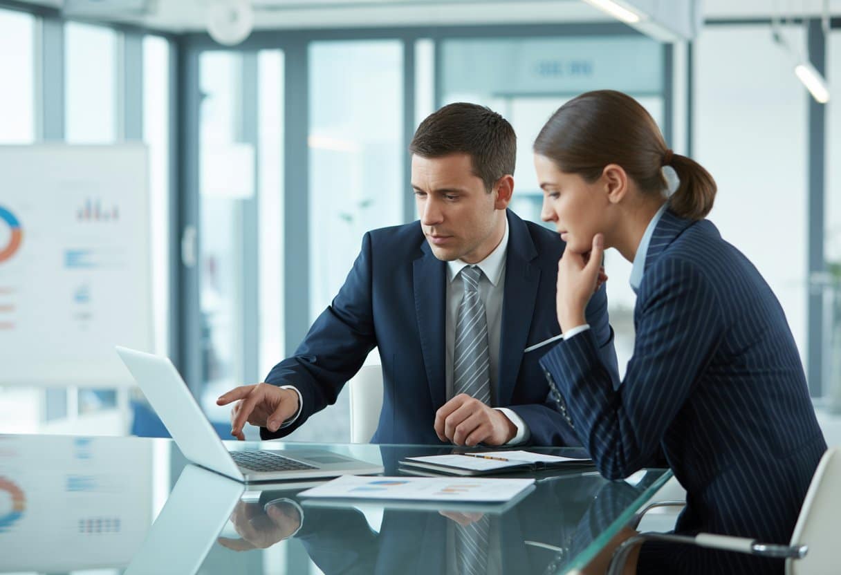 Twee zakelijke professionals bespreken documenten en een laptop in een modern kantoor.