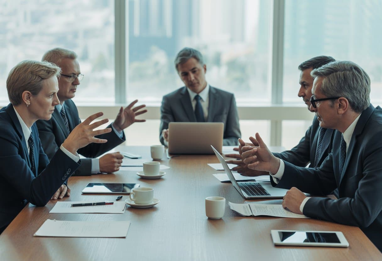 Geschil tussen aandeelhouders? Zo voorkomt u een kostbare uitkoopprocedure 1 Zakelijke vergadering met twee groepen professionals die een gespannen discussie voeren in een moderne vergaderruimte.