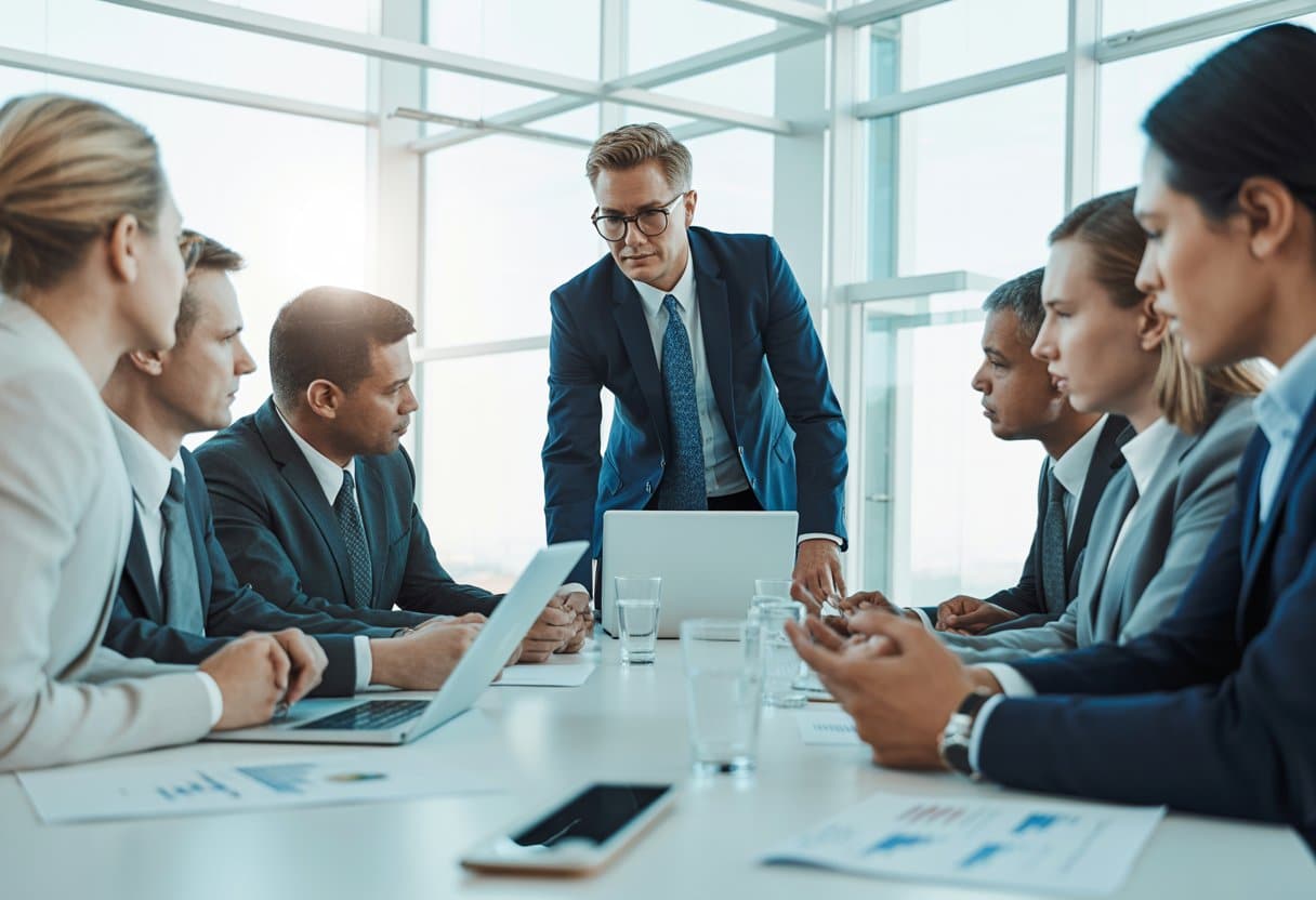 Een groep zakelijke professionals in een kantoor die in gesprek zijn rond een vergadertafel, waarbij één persoon duidelijk leiding geeft.