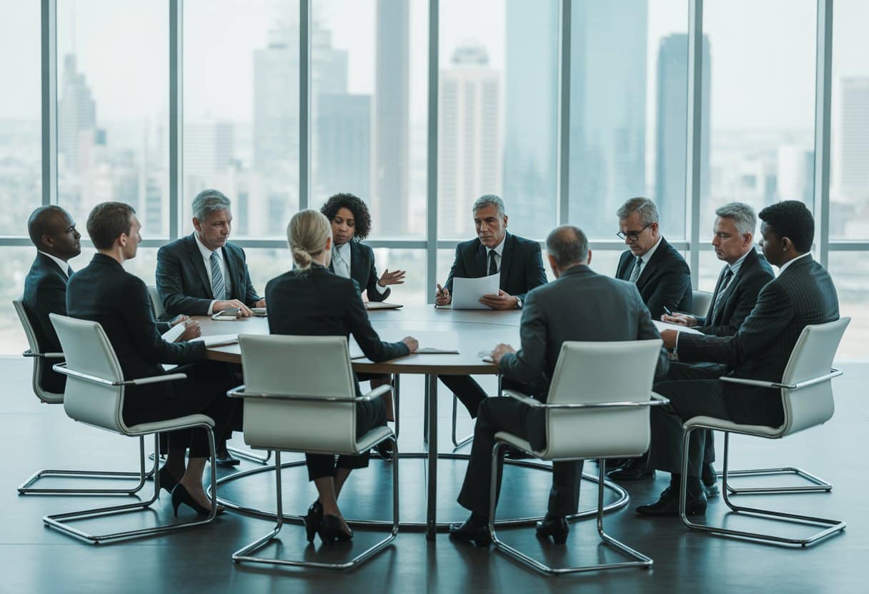 Geschil tussen aandeelhouders? Zo voorkomt u een kostbare uitkoopprocedure 2 Een groep aandeelhouders in een zakelijke vergadering rond een tafel, in gesprek en overleg.
