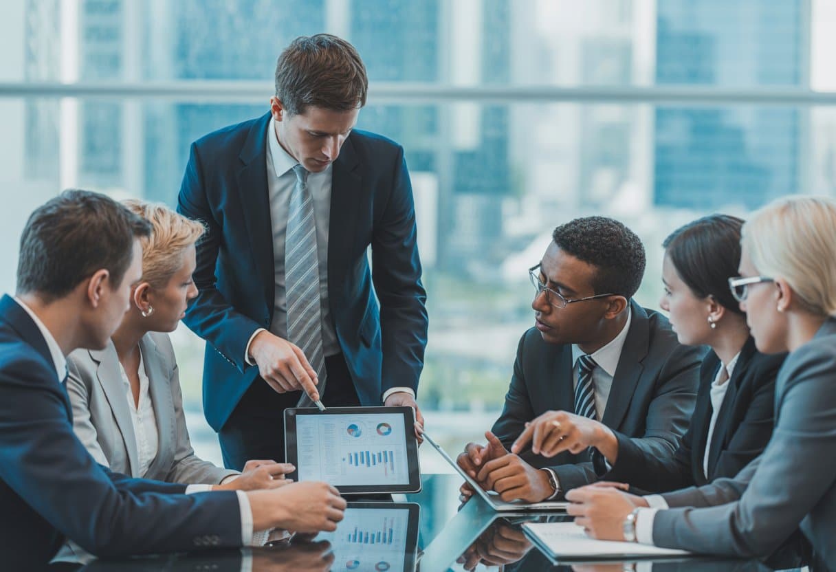 Een groep zakelijke professionals bespreekt serieus documenten rond een vergadertafel in een modern kantoor.
