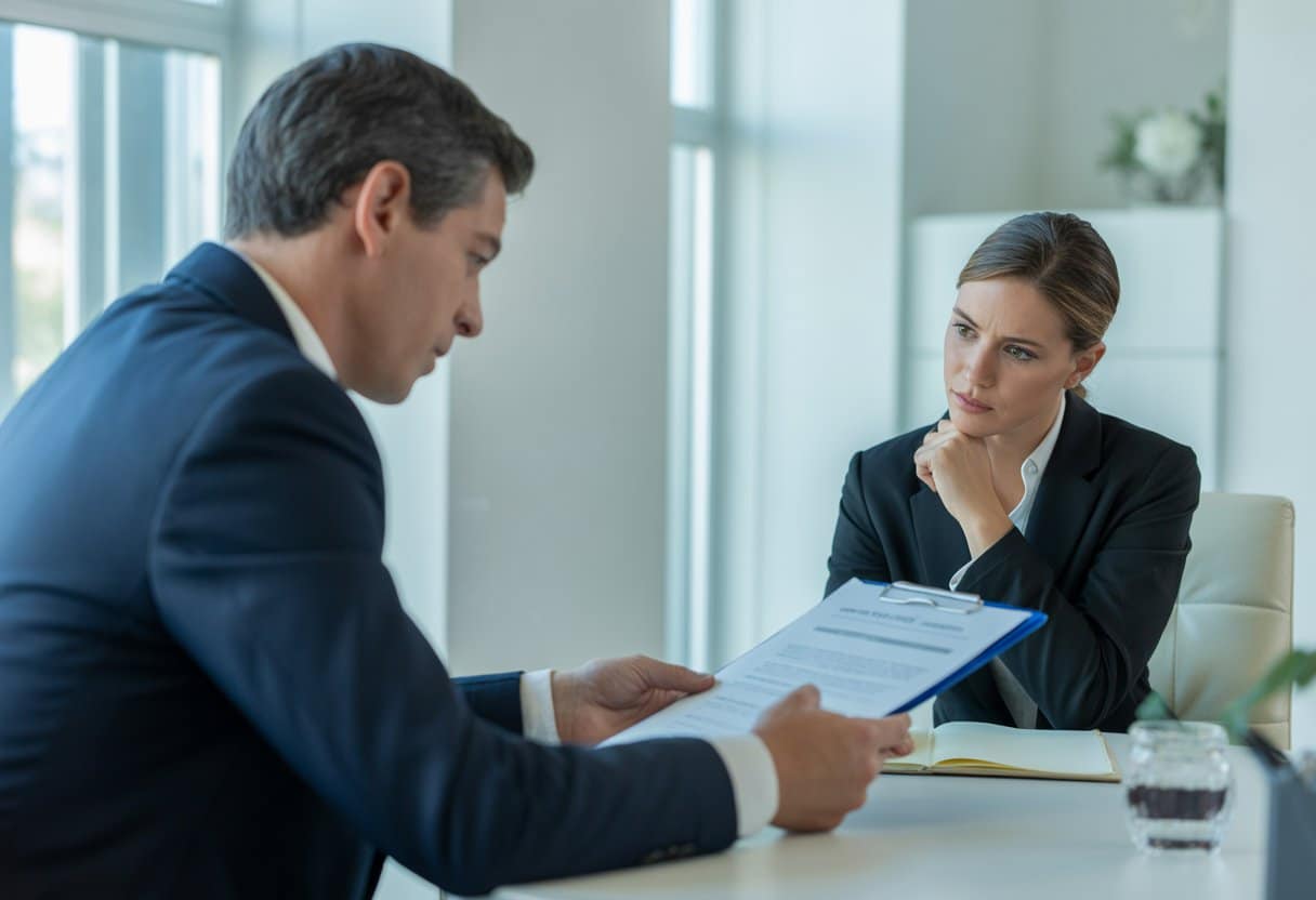Ontslag wegens disfunctioneren: hoe bouwt u een goed dossier op? 2 Een zakelijke vergadering tussen een HR-manager en een werknemer in een modern kantoor, waarbij documenten worden doorgenomen.