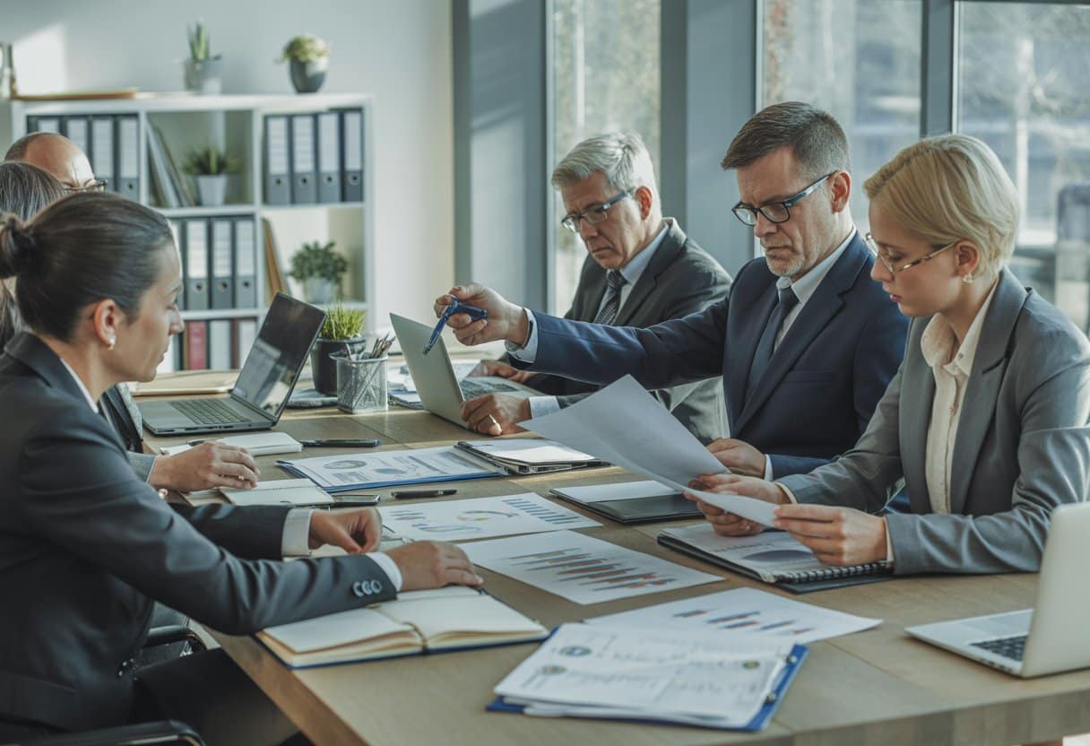 Ontslag wegens disfunctioneren: hoe bouwt u een goed dossier op? 3 Een groep professionals bespreekt documenten en dossiers in een moderne kantooromgeving.