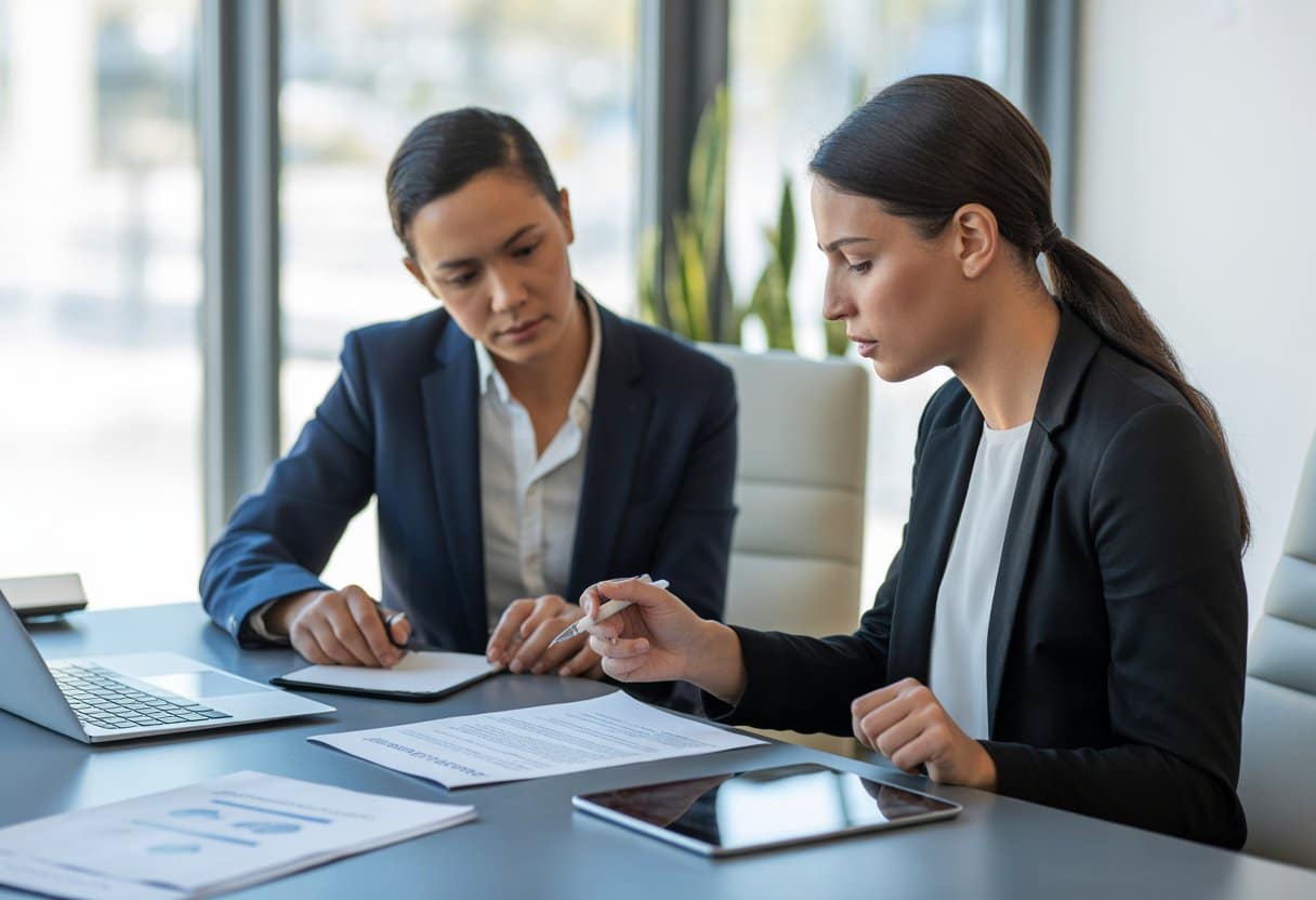 Twee zakelijke professionals bespreken een contract aan een vergadertafel in een modern kantoor.