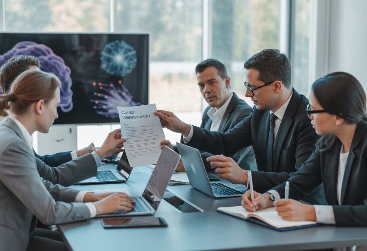 Zakelijke bijeenkomst van diverse professionals rond een tafel met contracten en laptops, waarbij ze samenwerken aan afspraken over AI-leveranciers.